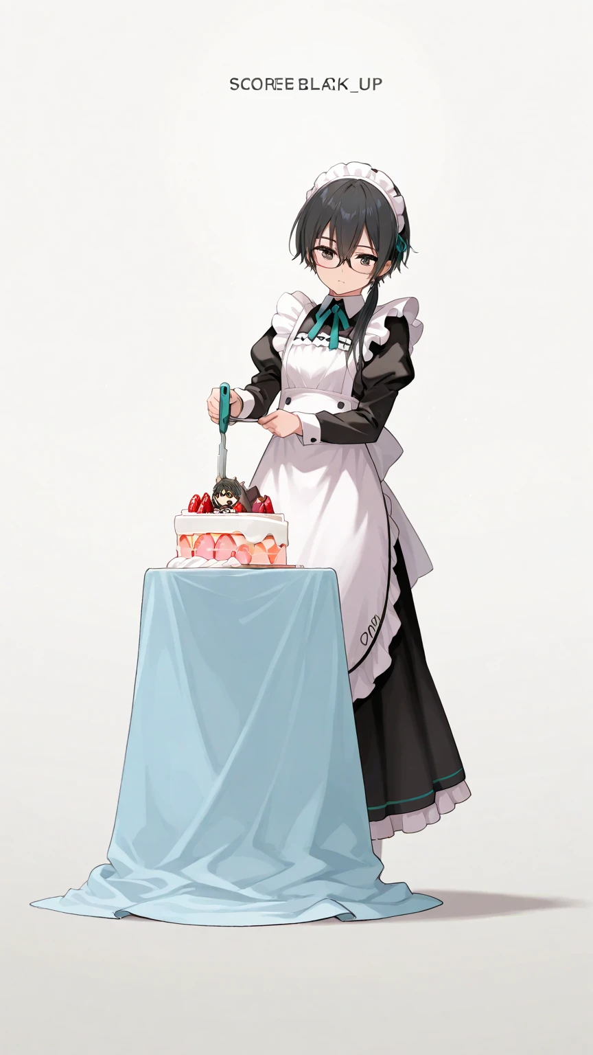 Black hair, glasses, maid uniform, cutting the cake