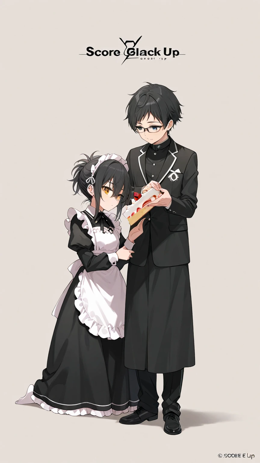 Black hair, glasses, maid uniform, cutting the cake