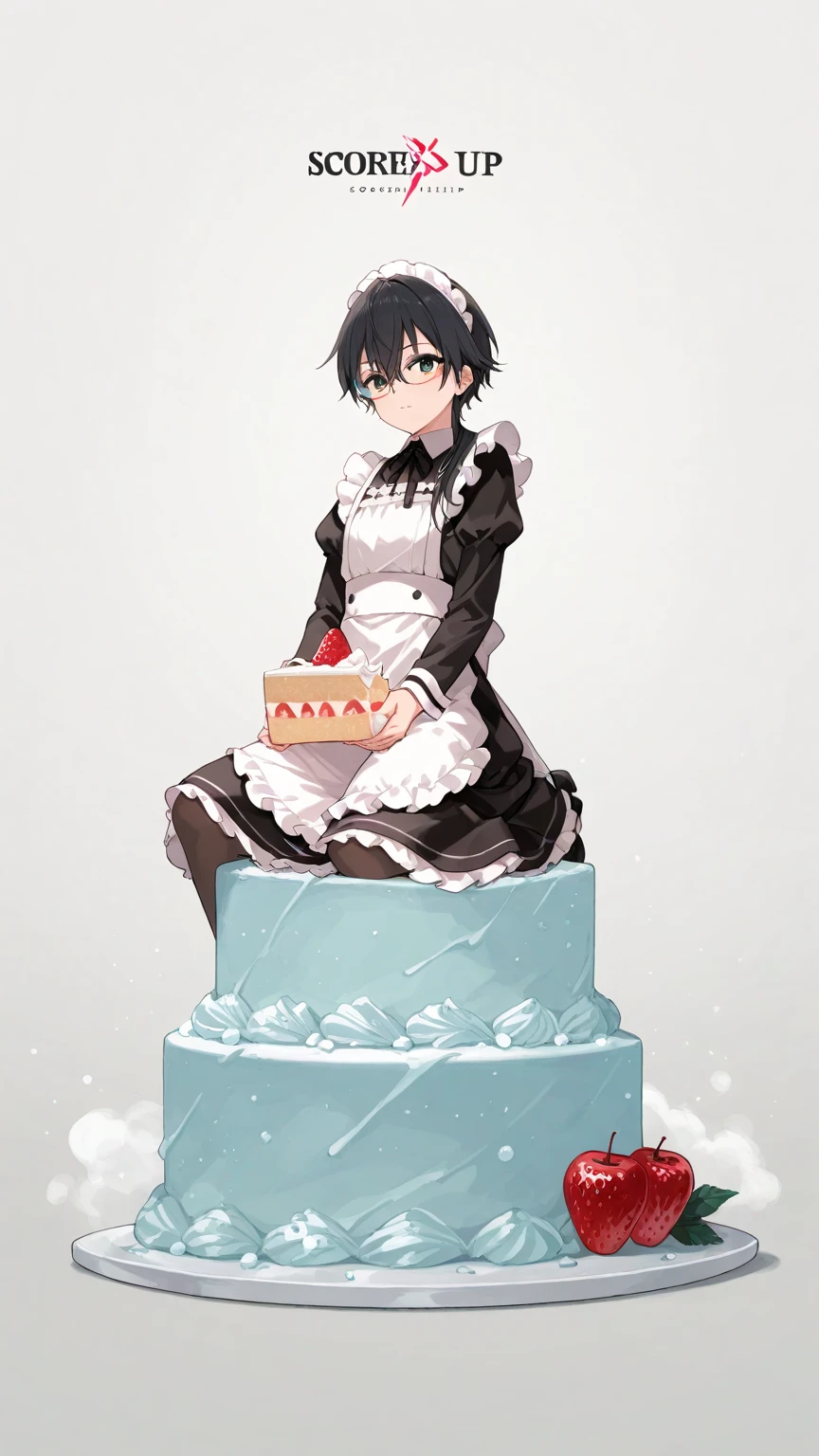 Black hair, glasses, maid uniform, cutting the cake