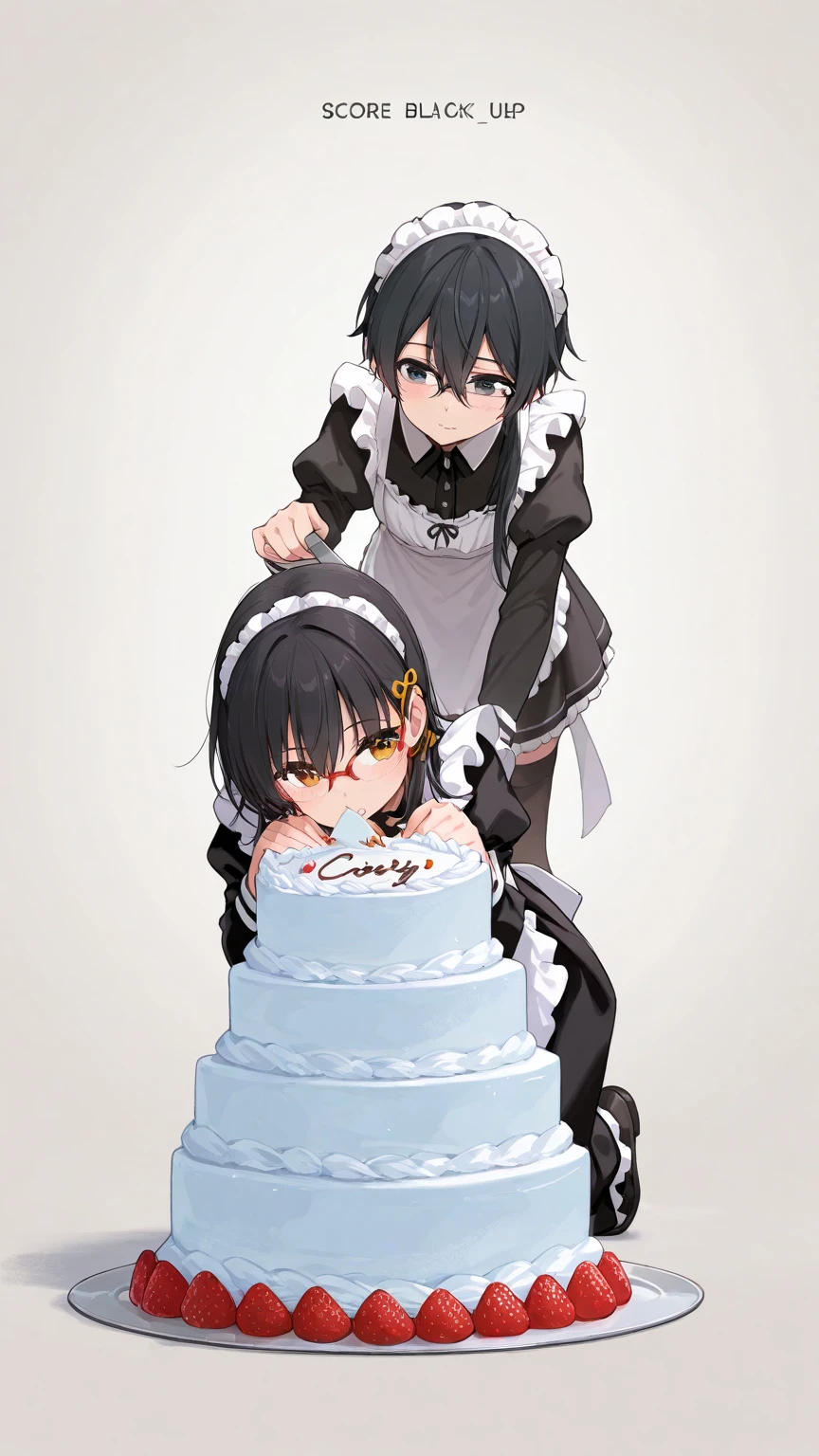 Black hair, glasses, maid uniform, cutting the cake