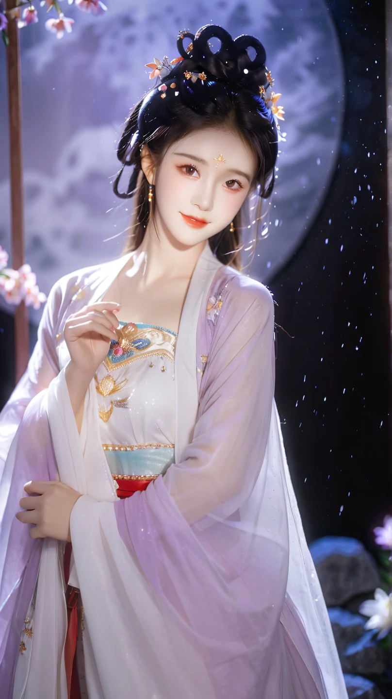  best quality, masterpiece,  high resolution, Martial Arts Girl , blush,(Charming smile:0.8),Star-shaped pupil,China Hanfu,Hair accessories,necklace, jewelry, pretty face ,Exceed_ body,  The Tyndell Effect ,Realistic,  DARK STUDIO , Edge lighting, Bicolor Light ,( Highly Detailed Skin :1.2), 8K Ultra HD, SLR camera, Soft Light,  high quality , Volumetric Lighting, frank, photo,  high resolution, 4K, 8K, Bokeh, has purple flowers blooming all around， purple clothes
