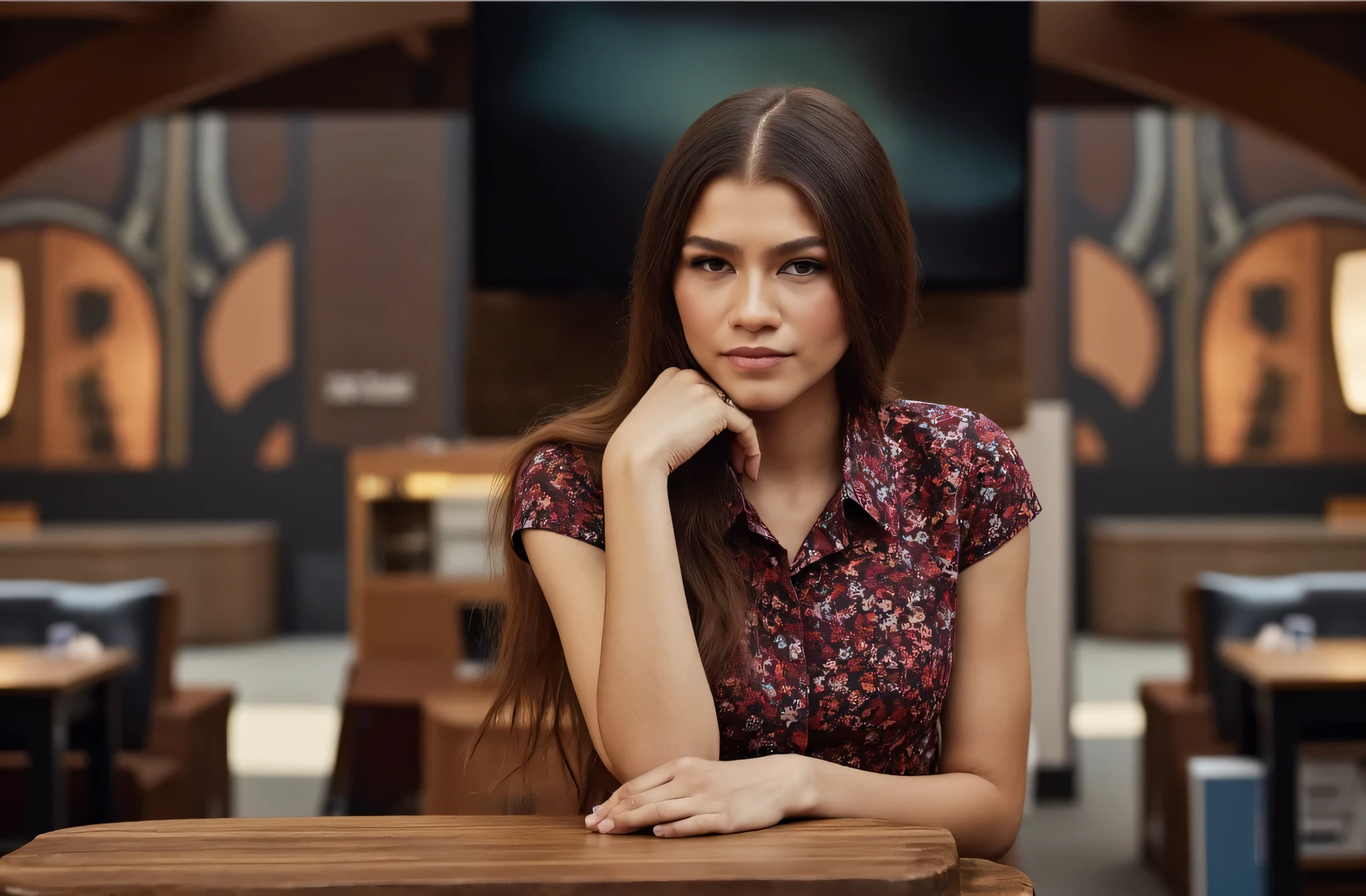 High res waist up portrait photo of a woman directly facing the camera . She is not looking at the camera with a slight seductive look. 