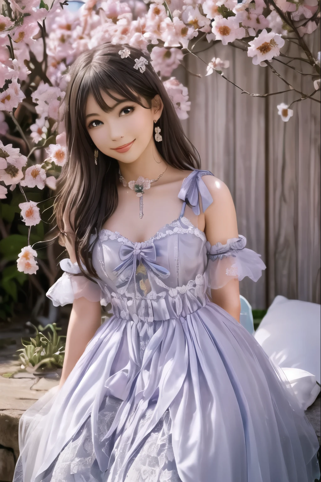 realistic, photorealistic, 8k, ultra detail, HDR, masterpiece, best quality, lo_dress, purple dress, garden, flower, 1girl, solo, slim, smile, cute, looking at viewer, long black hair, sitting,  colorful, detailed background,  arms behind back, 