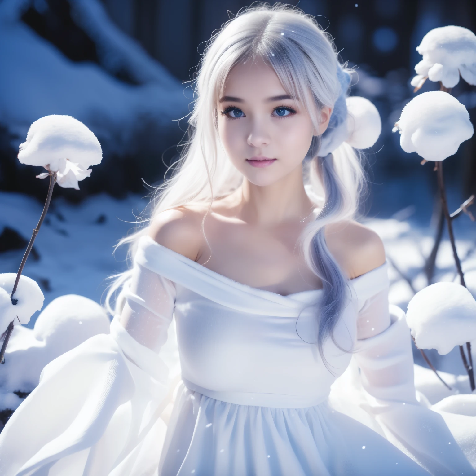 1girll,(Snow,Ice), snowflower, In winter, White hair, Shiny hair, Wavy hair, Transparent clothes, frilld, Lace, Wet clothes, Off_Shoulder, hair scrunchie,Masterpiece, Telephoto lens, absurderes, Exquisite facial features