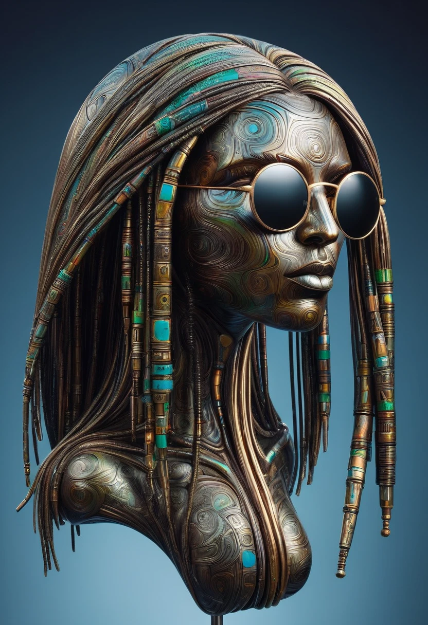   A three-dimensional suspended Rastafarian head {x} A retro futuristic sculpture made of thousands of pieces of acid-corroded Damascus steel,  a three-dimensional levitating sexy beauty，View from the side，Look Back，look up，Full head with long hair ，（Designer， mirror sunglasses :1.2）， long hair shawl ，Silk texture，Smooth and shiny， dark gradient background ，Volumetric Fog