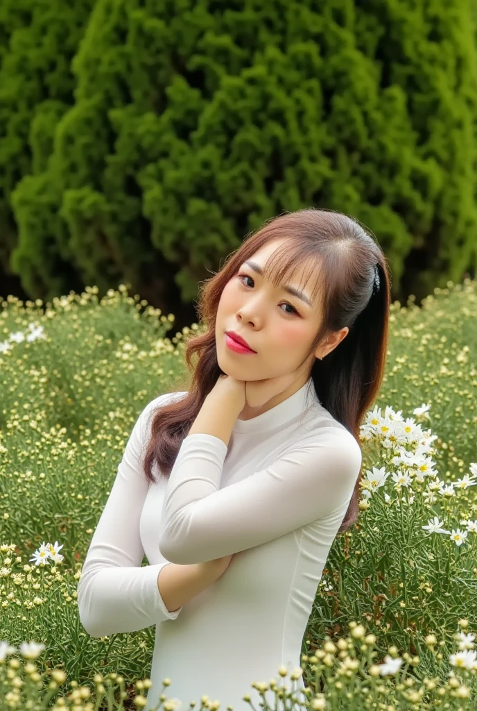 Huang Qin , 39 years old, ( realistic , Photo realistic ),  white blouse and tight skirt :1.3 , K-POPアイドル, standing and  watching  at the viewer,  white flowers in the garden , (( top quality )), ((  Intricate Details )), (( realistic )), Strange resolution ,   kneel down and pray to God on {x} highly detailed photos ,  One Girl , Medium Breasts , perfect hand,  Detailed Fingers ,  beautifully detailed eyes,(( randomly divided layered hairstyles )),((Curly Hair)), (( large curly brown wavy hair )),  dark eyes,  detailed background,  perfect eyes, Captivating eyes,  watching .  Seen from the Front 