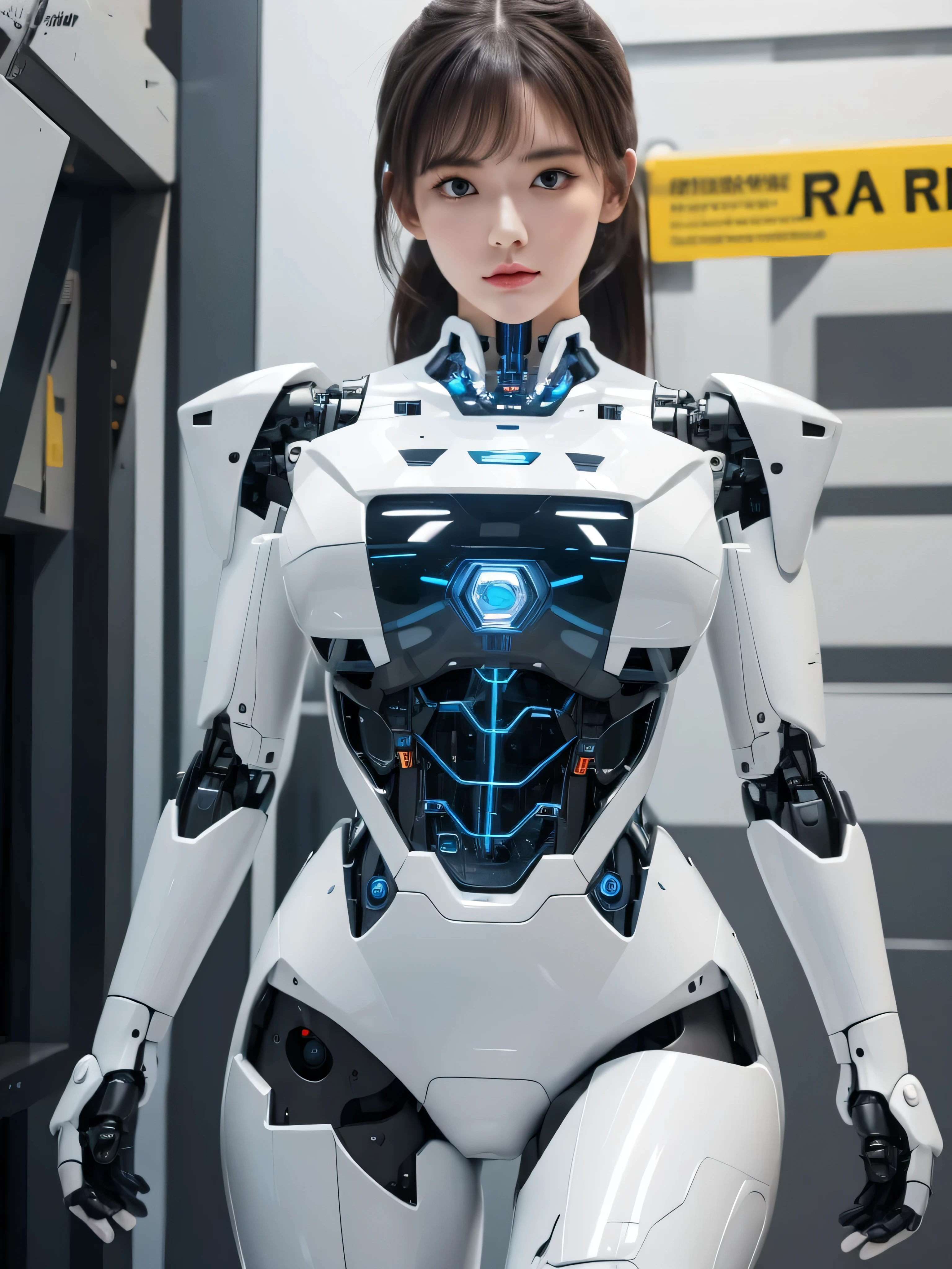 masterpiece, best quality, extremely detailed, (8K, 4K, Best Quality, hight resolution, 超A high resolution:1.1), 8K portrait,1girl in, Japaese android girl,android teacher,Plump , control panels,android,Droid,Mechanical Hand, ,Robot arms and legs, Black hair,Mechanical body,Blunt bangs,White Robotics Parts,perfect robot woman,Charging spot,Long Tube,A thick cable was connected to her neck,ceramic body ,android,robot humanoid,a bit chubby,panty,full eyes,perfect mechanical body,white robotics body,future assembly plant,white body,She has repaired,black sponge joints,android assembly plant,android,laboratory,perfect machine body,white robot body,low ponytail(low ponytail:1.4)