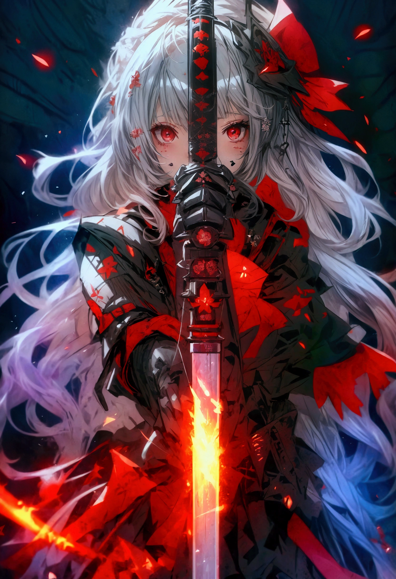 Anime girl with sword and red eyes in a dark room - SeaArt AI