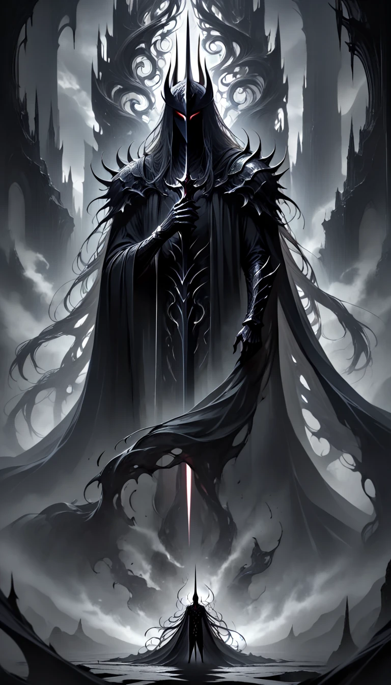 
"A towering, armored knight shrouded in absolute darkness. Bellion’s sleek black armor is imposing, adorned with sharp, jagged edges and intricate, shadowy patterns etched into its surface. His helmet, entirely black, features sharp, upward-pointing horns, and a faint dark glow emanates from the visor, obscuring his face in mystery. A massive, pitch-black sword, almost as tall as he is, rests in his hands, with shadowy tendrils seeping from the blade as if it were alive. His flowing black cape, torn and ragged, blends seamlessly with the surrounding void. The background is an endless abyss of swirling shadows and faint, dark mist, emphasizing his overwhelming presence as a figure of pure darkness and unrelenting power."