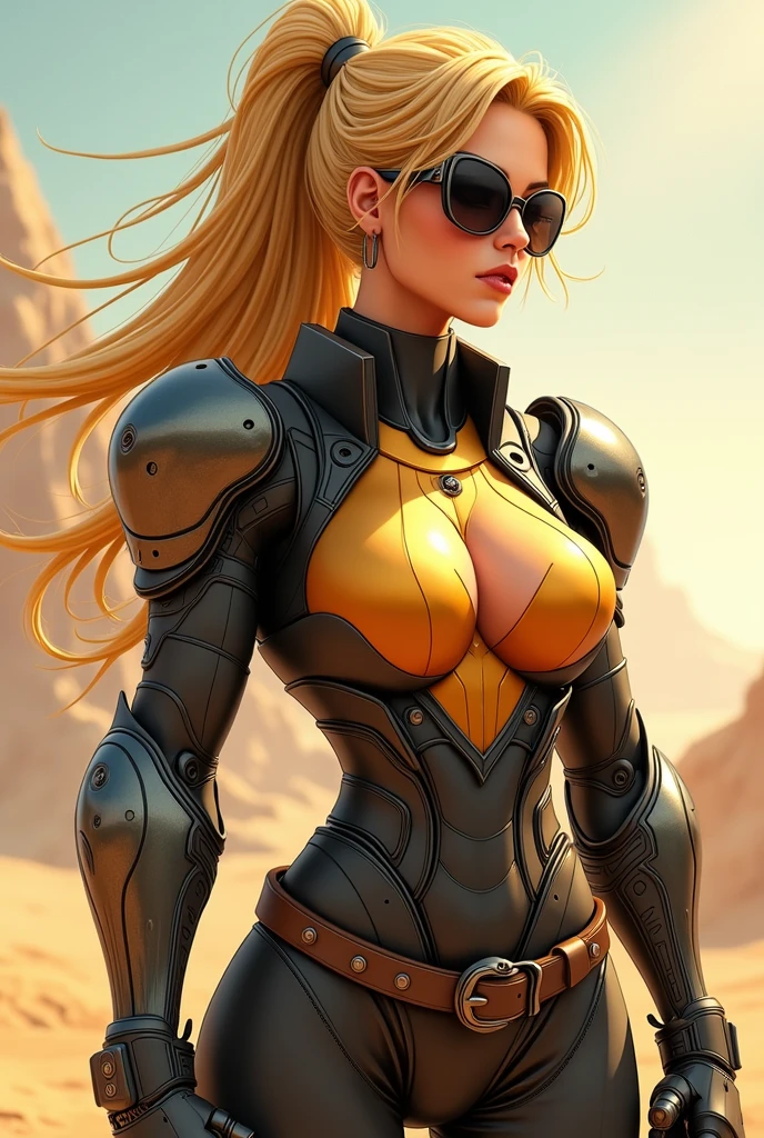 There's a blonde woman in a gold bikini sitting on a black motorcycle, Wojtek fus, epic digital art illustration, [ Trending on CGSeth!!, Artgerm Julie Bell Beeple, stunning digital illustration, Octane CGSoteration, sitting on cyberpunk motorcycle, beautiful digital art, Octane trend in CGSetal, CGSetion inspired, deviantart artstation CGSosiety