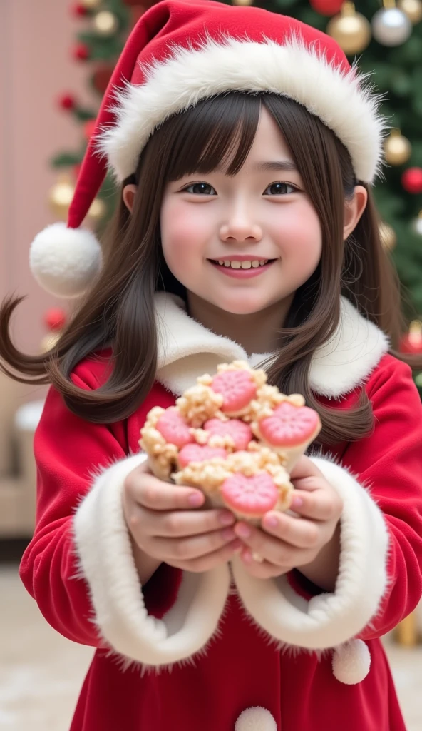 A young girl is cosplaying Santa Claus、(((Santa Claus without a single tooth:1.2、Missing teeth、Teeth full of cavities :1.37、Missing teeth)))、Christmas Meme 、 Santa Claus handing out sweet treats、(((Santa Claus without a single tooth:1.2、Missing teeth、Teeth full of cavities :1.37、Missing teeth)))、 and laugh