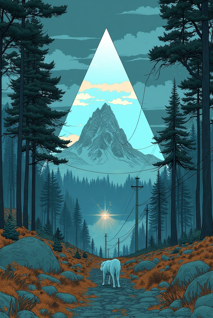   There is a triangular painting in the forest , white wolf under mysterious surveillance , Pyramid Portal  , video game concept art , Space Horror Concept Art  , dreamy digital painting, Lost in the Void  ,Norman Sky Concept Art、8k Forest  ,Background artwork