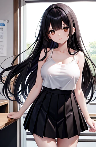 Highest quality, Japanese、Brown eyes、thin、expensive、8k、girl, High resolution,Black Hair、Long Hair、classroom、(White camisole)、(Black Skirt)、Standing position、Left facing,Big Breasts