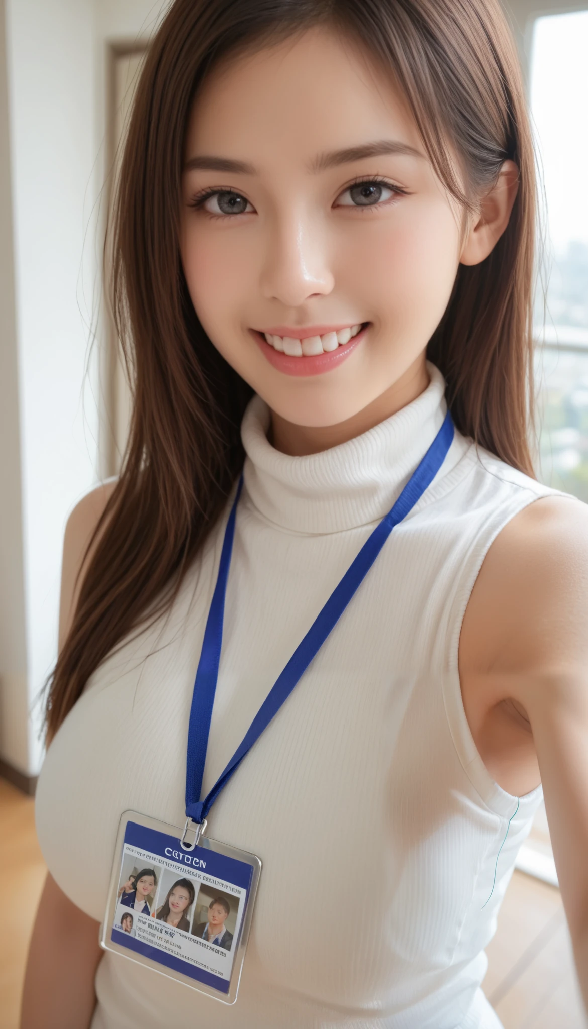 ultra detailed, masterpiece, best quality, photo realistic, absurdres, 8K, raw photo, 1girl, solo, beautiful young woman, 25yo, realistic skin texture, shiny skin,　conference room,  chino,  turtleneck, id card, lanyard, sleeveless, perfect body, natural big breasts, grin, walking in the conference room,((face is not shown)),((I can't see your face)), ((Walking while taking selfies from the chest down)), ((Photographing the lower body)),((Close up of lower body)), ((from side above))