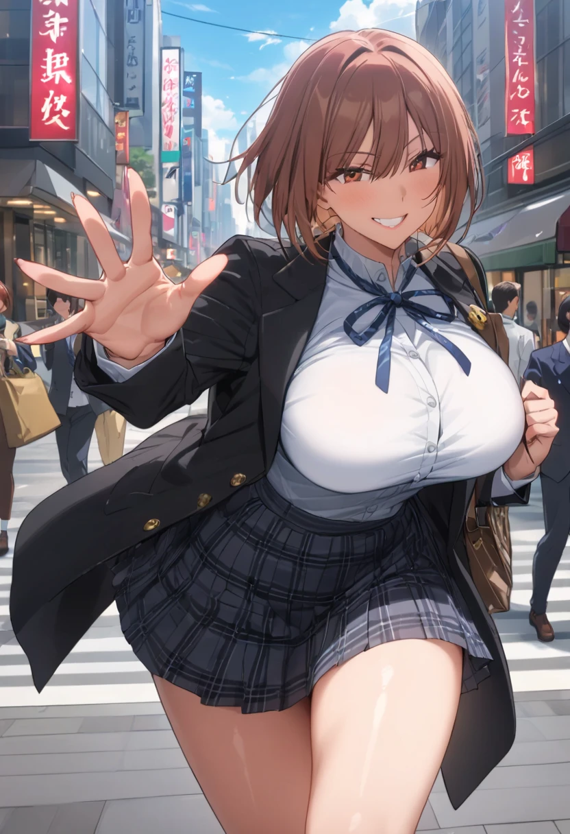     detailed face    ,     detailed body rendering   ,   Alone、  masterpiece ,     High Quality    , 8k,   is written by,    thigh thickness , shiny skin,SKINNING    ,{{{{{    game cg}}}}},, 最    High Quality    ,     High Quality   ,     very sophisticated ,grin,In the city,Big Breasts, thick thighs, shiny skin,引き締まった体、 Nagasaki Wild Rose、 Nagasaki Wild Rose、 bob cut、 brown eyes、Brown Hair、lips、 short hair、Big Breasts、,  skirt、uniform、 jacket、クロップド jacket、Diliu、ハイウエスト skirt、School uniform、