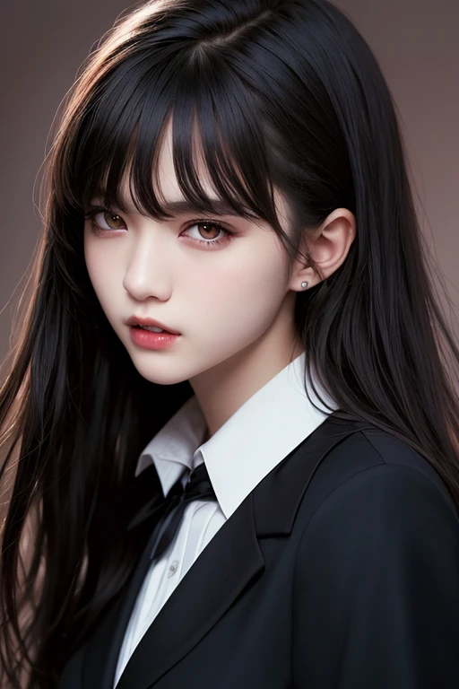 masterpiece.bestquality.8k.detailed.ultra-detailed face.Shootfromfront   . school uniform.13yearoldgirl.Vampire Girl、Fair skin、 long hair, bangs,  black hair,  red eyes,  high definition ,  anatomically correct,  top quality ,  High Definition Model,  High Details ,  very detailed,  textured skin, hugebreasts.blazer. Blurred Background,  simple background,  Dark Room赤い唇, Show your fangs,  pale,  No Emotion,  long eyelashes, 