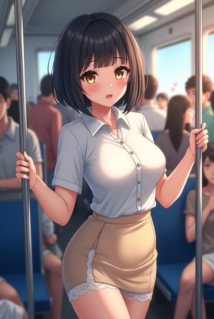 Anime Style,child,About 13 years old,Elementary school girl,young,Asian,beautiful girl,Brown Skin,slightly tanned,Very black hair,short hair,naked,shoulder strap,Big Breasts,Super Breasts,L Cup Breast,A long I-shaped cleavage,Floated nipples,Protruding chest,Tucked in shirt,Blue Denim Shorts,Thighs,smile,Low length,Baby Face,Only the chest developed.,crowded train