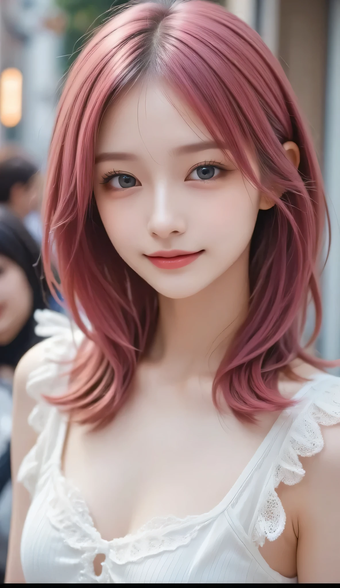 A close up of a woman with a pink hair and a white dress - SeaArt AI