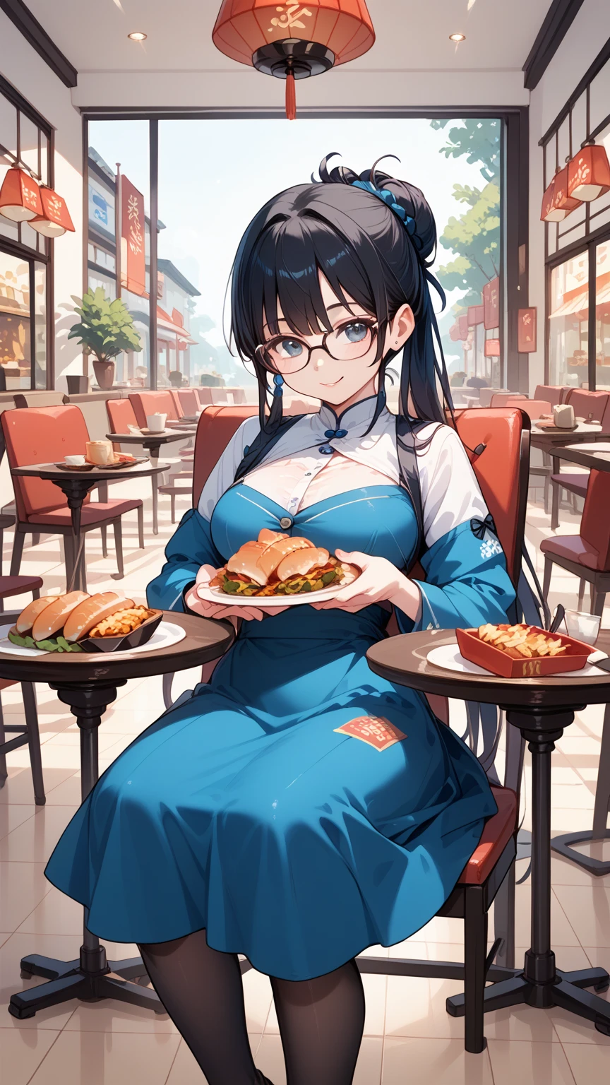 Black hair, glasses, Chinese restaurant, lots of food on the table