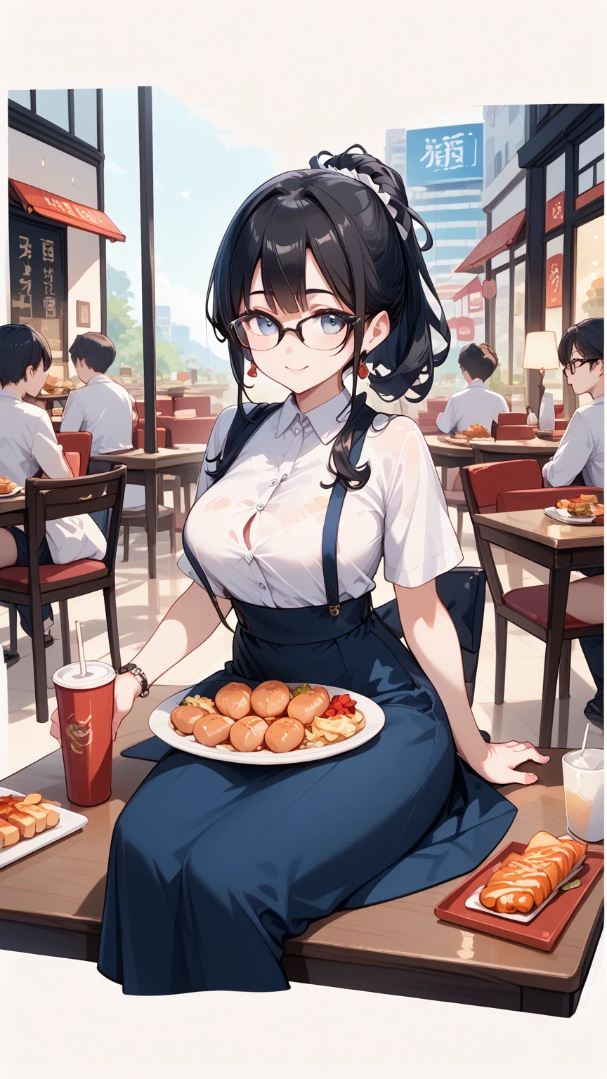 Black hair, glasses, Chinese restaurant, lots of food on the table