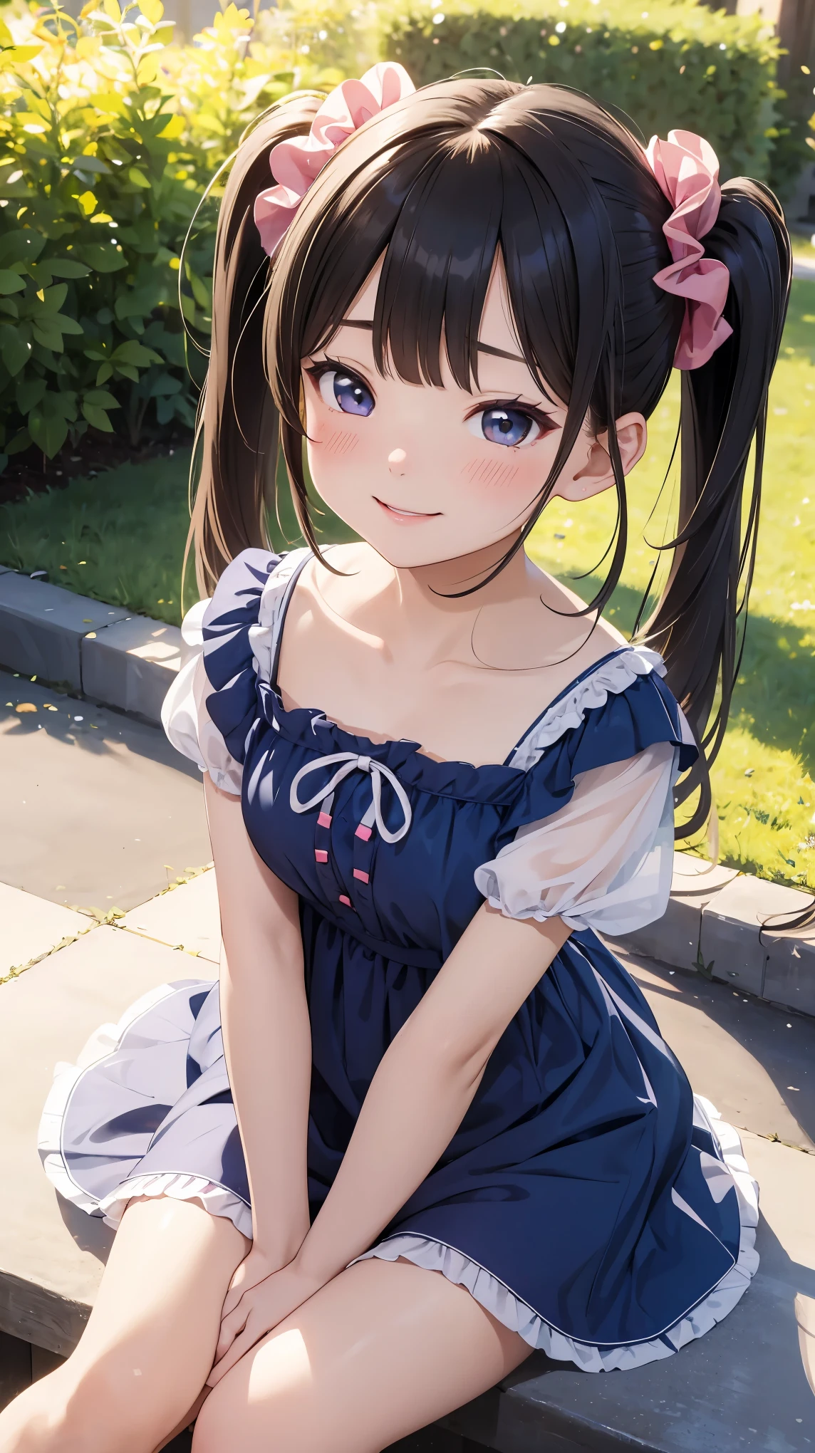 masterpiece:1.2、hightquality、top-quality、hight resolution、detaileds、A hyper-realistic、20Beautiful woman of about her age、long hair with pink twin tails,,、Beautiful blue eyes、tilt of the head、morning glow、Green grass々Shigi々、birdie、rainbows、portlate、Lovely smile、showing teeth、(A detailed face)、((foco nítido))、((faces))、The upper part of the body_Body
