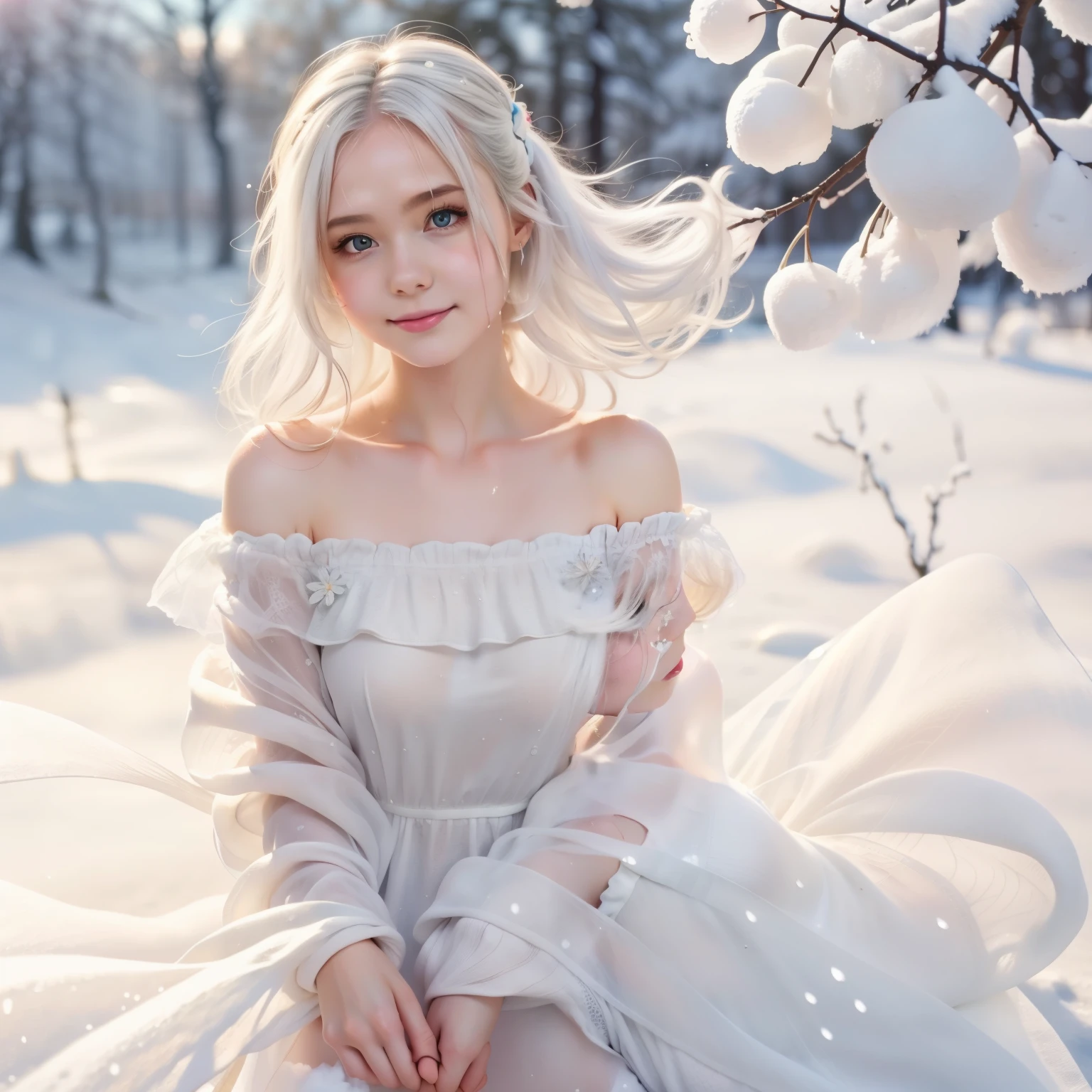 1girll,(Snow,Ice), snowflower, In winter, White hair, Shiny hair, Wavy hair, Transparent clothes, frilld, Lace, Wet clothes, Off_Shoulder, hair scrunchie,Masterpiece, Telephoto lens, absurderes, Exquisite facial features