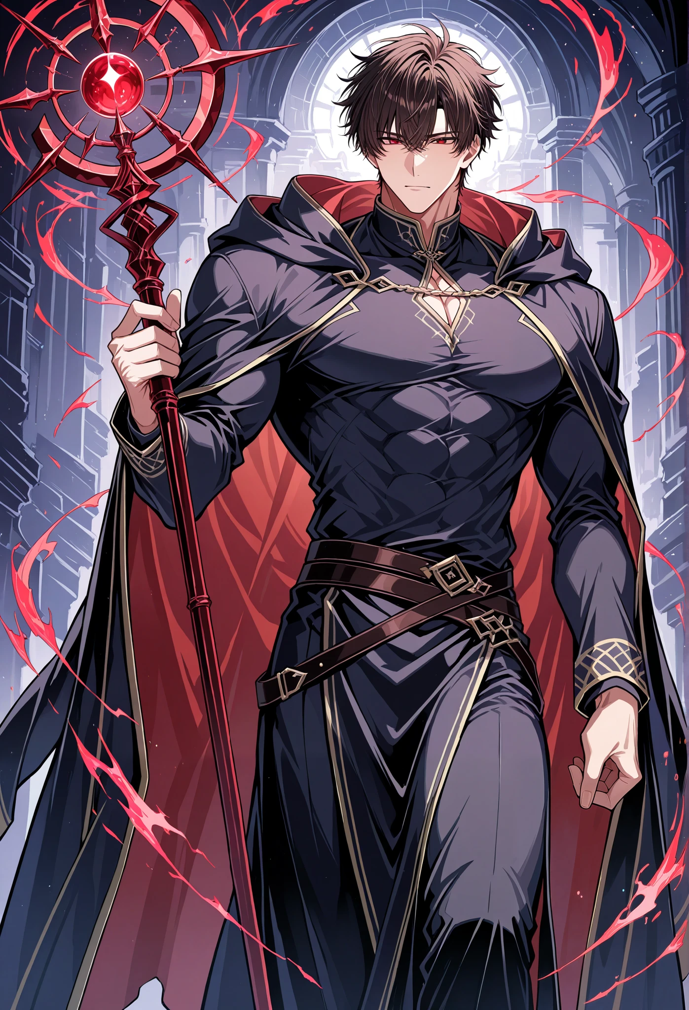  1man, solo, (handsome:1.3), masculine, manly, dark brown hair, messy hair, alluring red eyes, sharp jawline, high cheekbones, slim but muscular body, wizard robe, black cloak, magic staff, elegant posture, sophisticated, 188cm tall, (charming smile:0.3), (magic aura:0.4), (floating magical runes:0.2)
