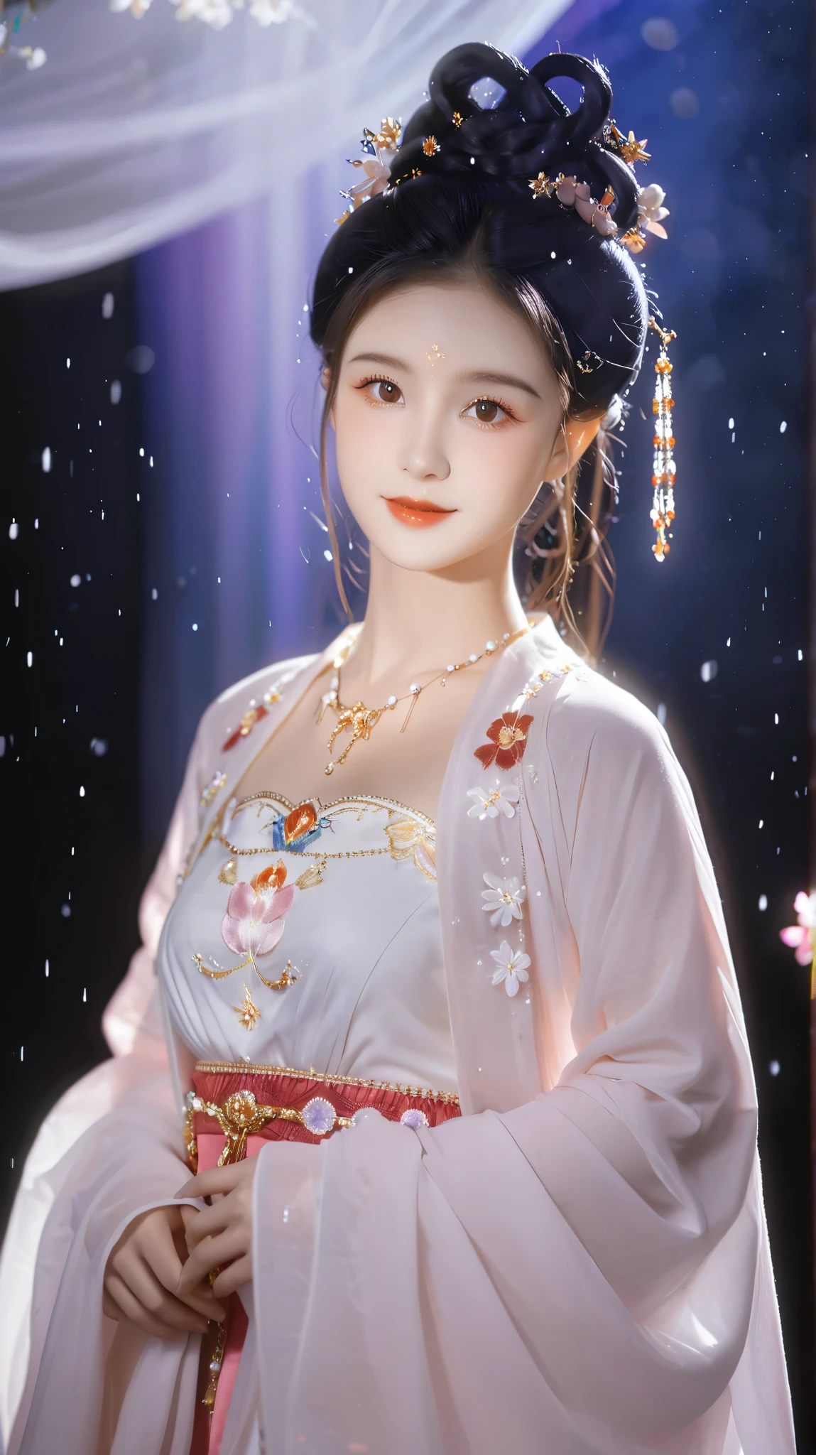  best quality, masterpiece,  high resolution, Martial Arts Girl , blush,(Charming smile:0.8),Star-shaped pupil,China Hanfu,Hair accessories,necklace, jewelry, pretty face ,Exceed_ body,  The Tyndell Effect ,Realistic,  DARK STUDIO , Edge lighting, Bicolor Light ,( Highly Detailed Skin :1.2), 8K Ultra HD, SLR camera, Soft Light,  high quality , Volumetric Lighting, frank, photo,  high resolution, 4K, 8K, Bokeh, has purple flowers blooming all around， purple clothes
