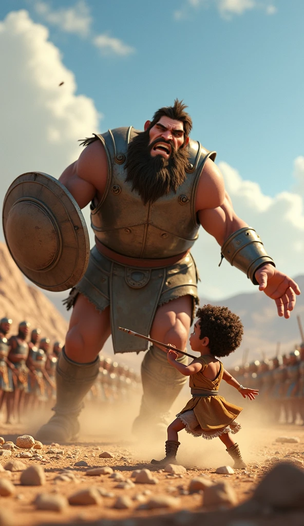 An epic showdown between Davi, the small black boy, and the giant warrior Golias. Davi is holding a sling with a determined look, while Golias looms over him with a mocking expression. The battlefield is dusty, with other soldiers watching in disbelief. The scene is full of tension, with the 3D Pixar/Disney animation style emphasizing the size difference and the bravery of Davi."