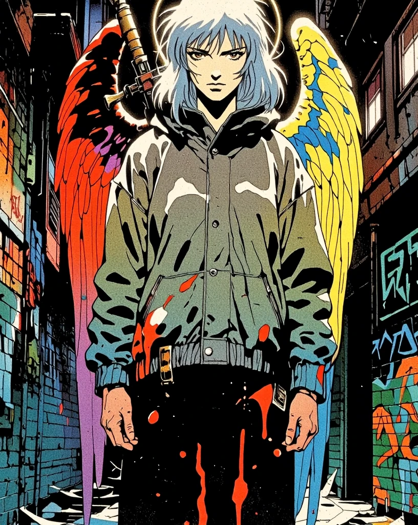 Art style by H. R. Giger, Art Style by Moebius, 


Ephemeral Beauty in the City Streets A dimly lit alleyway,Teenage girl depicted as an angel, standing in a graffiti-filled alleyway. Her expression is serene and slightly melancholic. Pale skin and shoulder-length, light gray hair. Wears a hooded, oversized jacket with vibrant, multi-colored graffiti-style paint splatters and drips. The jacket's design combines dark gray and black colors with bold shades of red, blue, yellow, green, and purple. She's wearing black combat boots with metallic accents and buckles. Angel wings, rendered in a mix of red and blue hues, are painted in a vibrant, stylized manner, with intricate details and flowing lines. A halo surrounds her head. The alleyway is a gritty urban setting, showcasing a distressed brick wall covered in vibrant graffiti. The ground is wet or damp, with scattered paper debris. The lighting is dramatic, casting strong highlights and shadows, creating a dark, somewhat moody atmosphere. The overall style evokes both fantasy and street art, with a graphic aesthetic. The image uses bold strokes, vibrant colors, and dramatic lighting. The composition showcases the character from a slightly low-angle perspective. Artistic style is anime, stylized illustration, street art. The colors are bold and impactful, combining muted dark tones with powerful and bright color highlights. A weapon extends from her back, adding a sense of determination or conflict.
