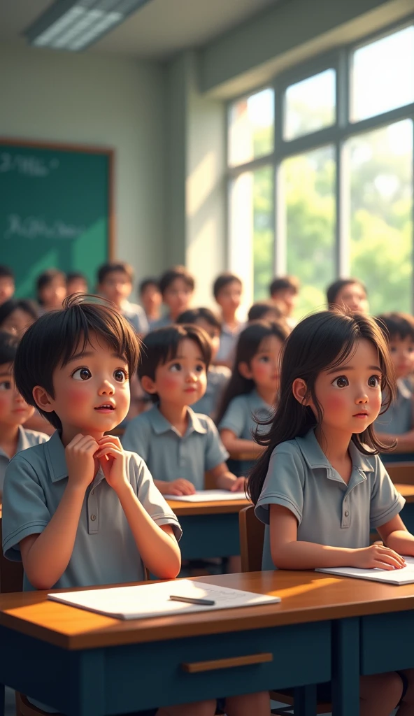 (photorealism:1.2),
6th grade students wearing student uniform, sitting at their individual desks, taking notes and others giving their opinions