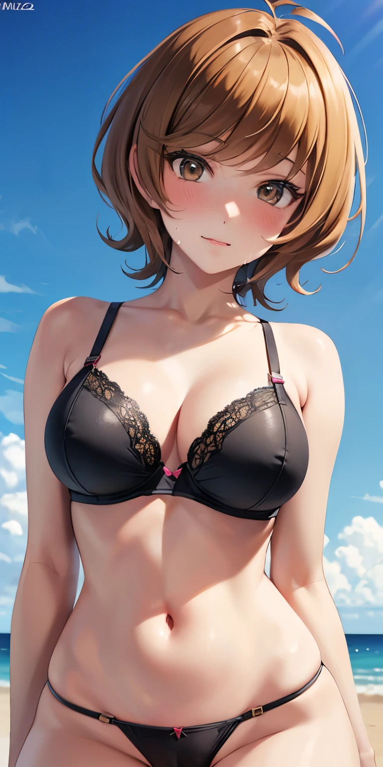 1 Female,High definition,high resolution,Ultra-realistic,8K,hmza, short hair, antenna hair, brown eyes ,black bra,black thong,European,sexy,Upper body close-up,Photographed from the front,Dynamic Angles,blush, big tits,cute face, facial, sweat, perfect face,  perfect body,(wide thighs:1.3),cute face, multicolored hair ,cameltoe, (arms on hips)