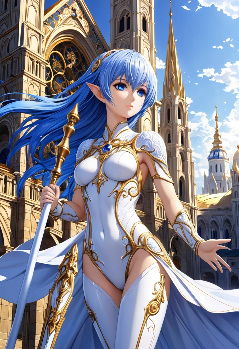 ((Best quality)),(Super high resolution),(Super detailed new),(Detailed description),((Best CG)),(Best artwork),Super detailed art,Wonderful new Art,(Surrealistic),Girl,Elf,(Blue hair),(((Short hair))),(Blue eyes),Highly detailed face,(Perfect eyes),Perfect hands,Perfect proportions,One Elf girl priestess, Girl,Beautiful face:1.6,Also new:1.5,Natural makeup:1.4,Very detailed face,(Perfect eyes),Wearing a white veil, Wearing a white high leg bodysuit, He is wearing thin and light armor and holding a long holy staff,Detailed armor: 1.6, Precise and detailed relief: 1.7,An old cathedral, Against the background of the church, Healthy skin, Highly detailed lighting,
