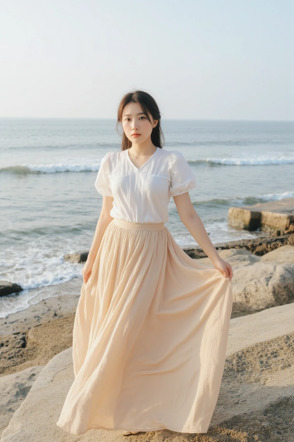 A girl with a Korean face,25 years old，Full body shot，reality，pretty，Long skirt，Seaside environment
