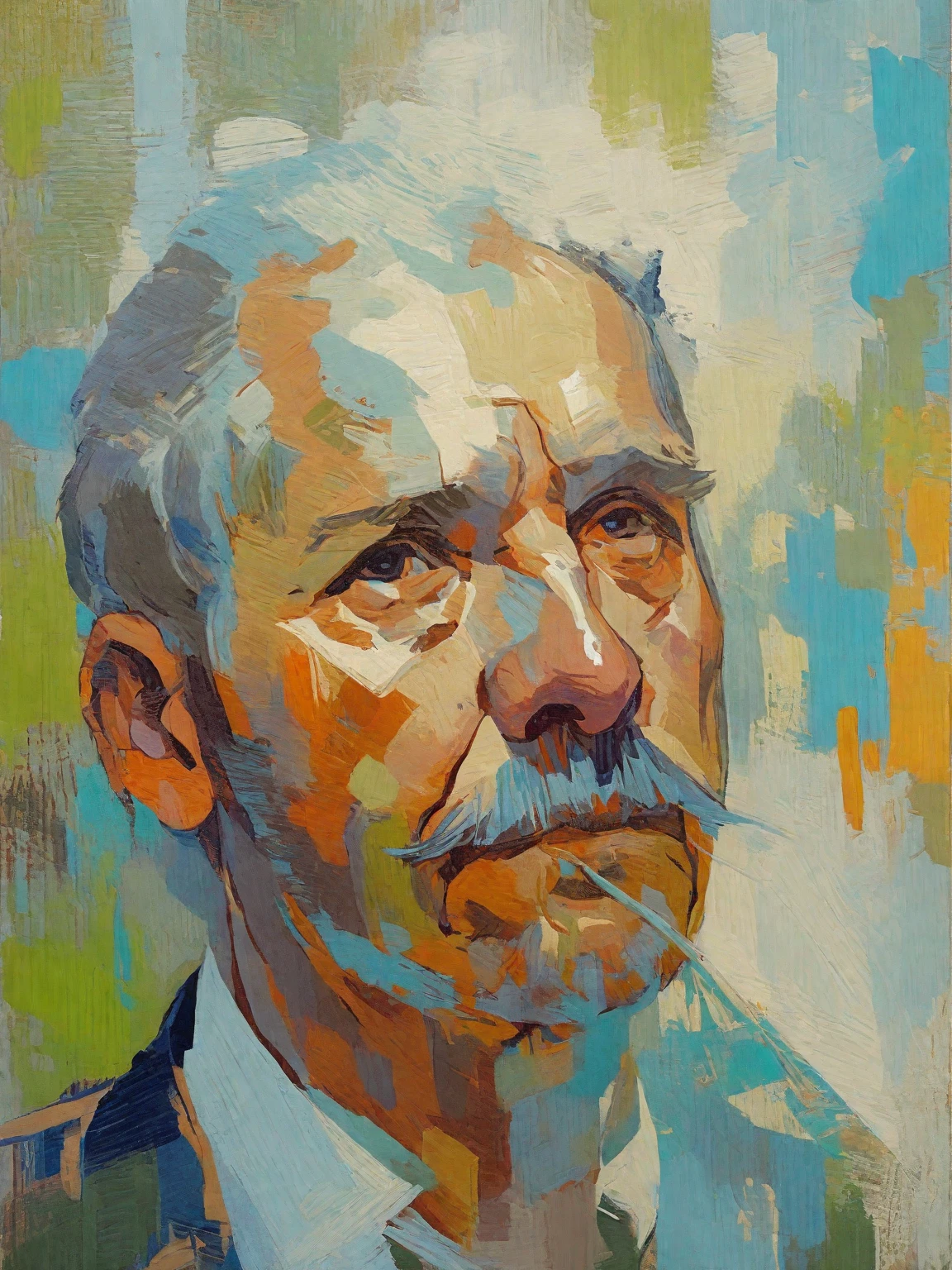 portrait of man painting by xDElysium, painterly style, expressionism, strokes rough, brushstrokes visible, rawness, viscerality, color pallete vivid, hand-painted backgrounds, oil painting, high contrast, dramatic lighting 