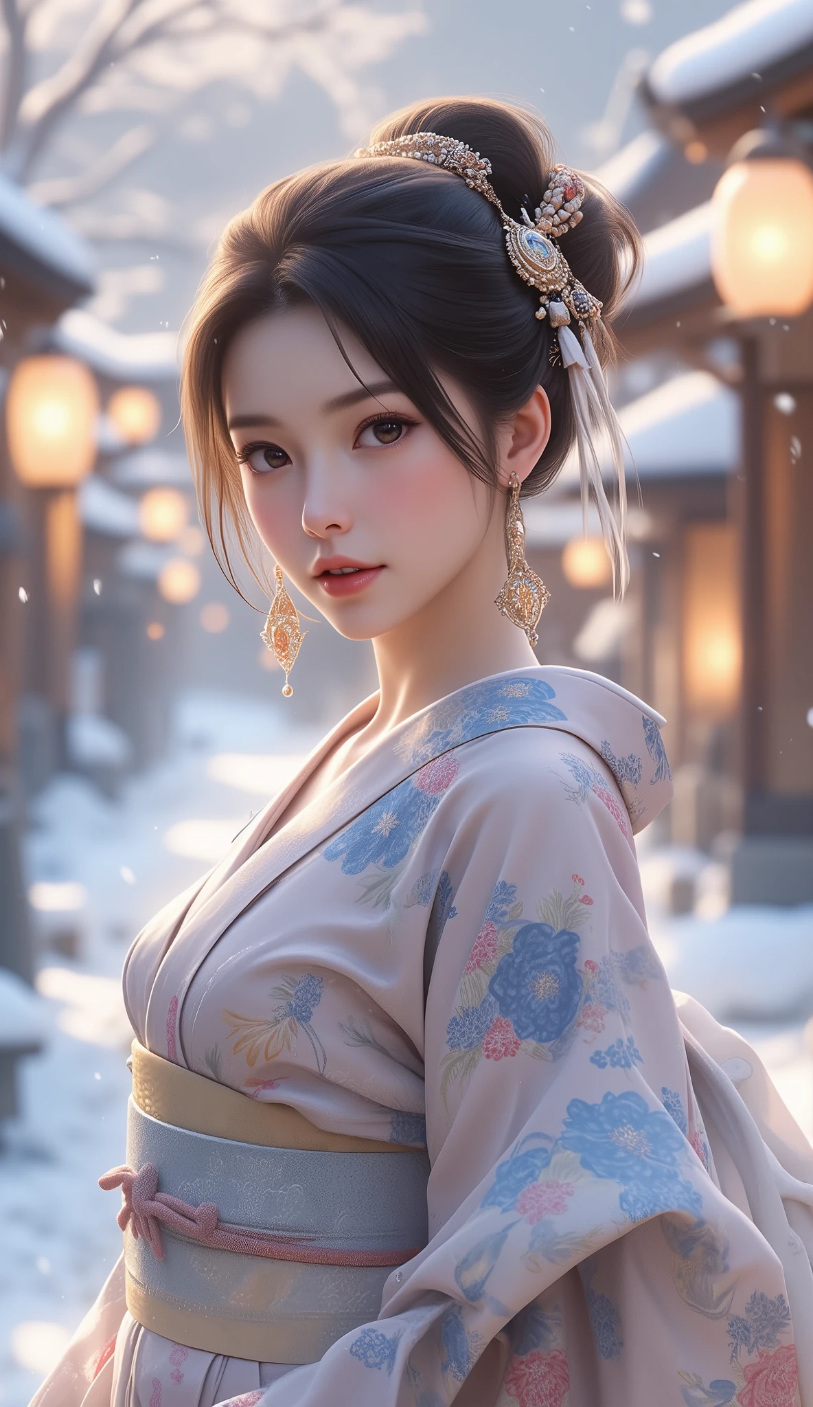 A graceful young woman wearing a beautifully detailed Japanese yukata with elegant floral patterns, her posture is poised and refined, exuding an air of dignity and sophistication, her hair is styled neatly with delicate hairpins and traditional ornaments, surrounded by a serene winter landscape covered in pure white snow, gentle snowflakes fall from the sky, soft lanterns glowing warmly line the snowy streets of a traditional Japanese winter festival, the scene is adorned with subtle details of festival decorations like hanging paper lanterns, snow sculptures, and footprints in the snow, the overall atmosphere is calm, enchanting, and filled with seasonal charm, the color palette emphasizes soft whites, gentle blues, and warm golden light, creating a harmonious and peaceful ambiance,