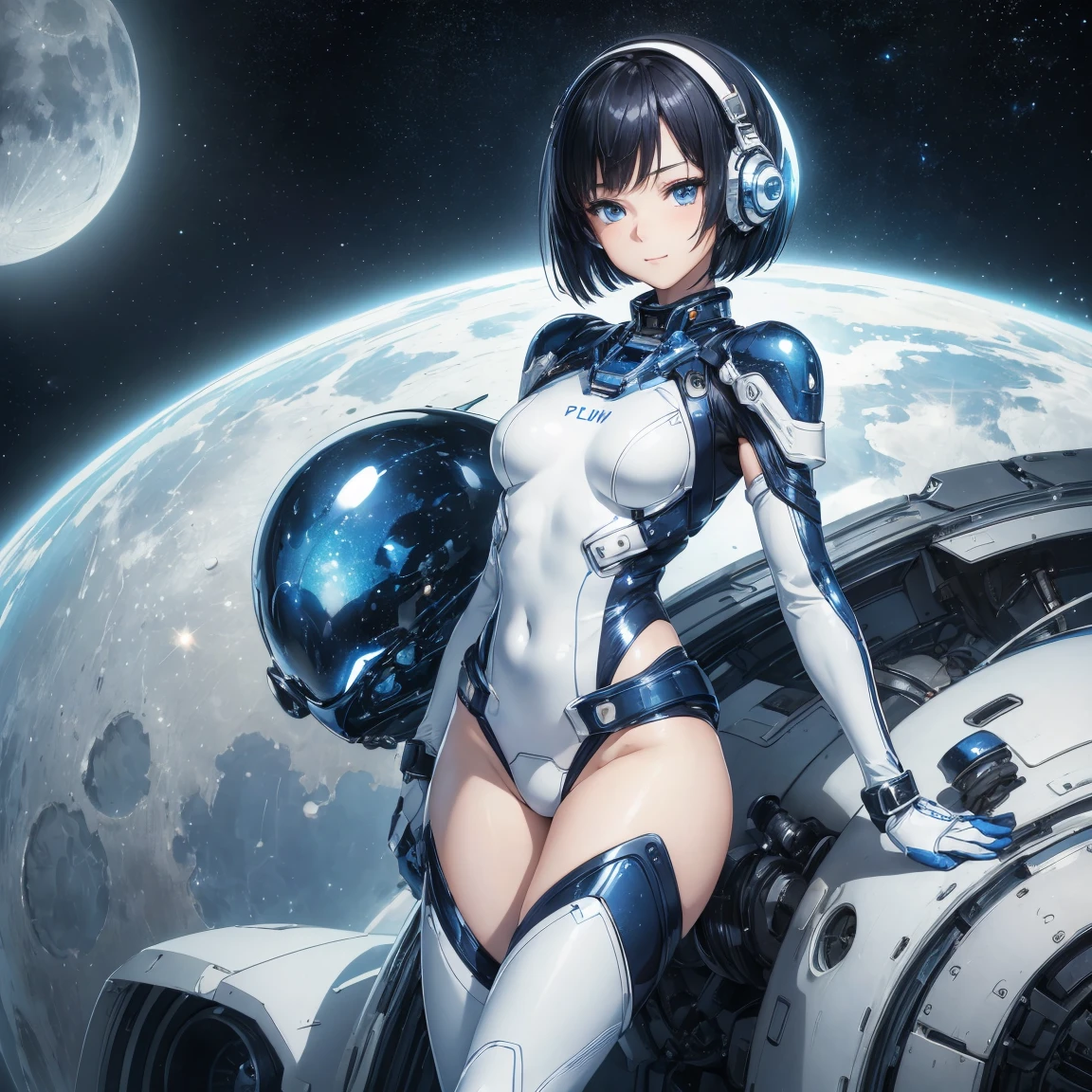 (masterpiece、highest quality、Highest Resolution、clear_image、Detailed explanation、Top view): (Full body portrait、One 20 year old girl、The Face of Japan、Small face、thin、Navy blue super short bob cut hair、(Hidden Small:1.3)、Sparkling blue eyes、Blue and black shiny pilot suit、Armor to protect the chest、Tight fitting clothes、Clothing that covers the entire body、Shiny clothes、Tight Fit Pants、Hide your skin、Very delicate and beautiful、Detailed skin、hide thighs、Hide your ass、Cute type、A kind smile、Soft look、heroine、headset、Knee-high boots、Elbow-length gloves、Eye-level shot、Facing forward、Woman on a spaceship)