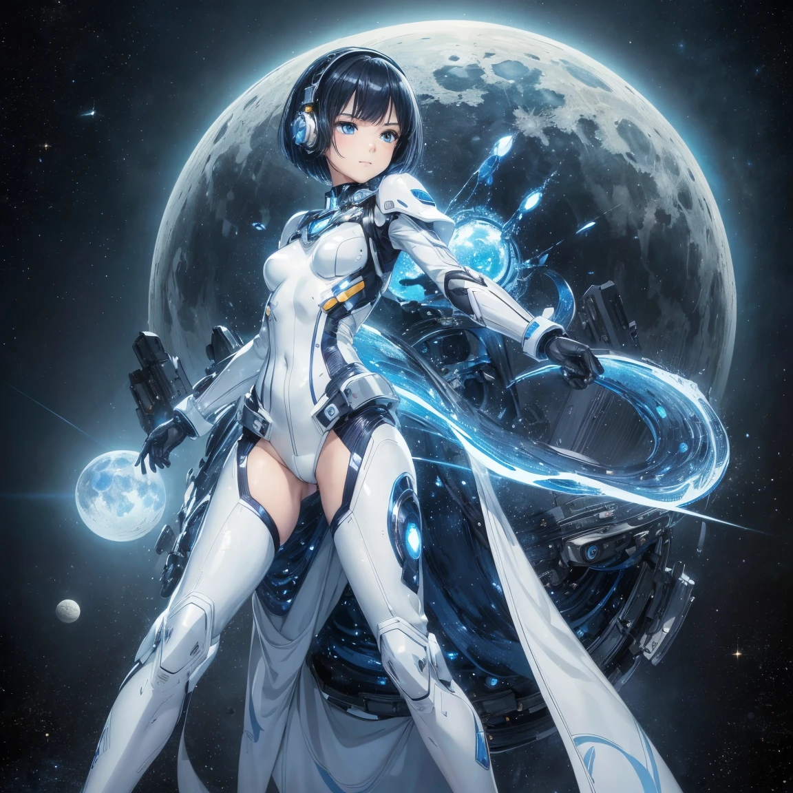 8K, Highest quality, (real:1.4), Original photo, 1 girl, Asari Hair, Biological Amplifier, Very sleek and futuristic armor, posture: Peace talks between warring factions,,attention arousal, smart blue eyes,A modest smile,Knee-high boots,Patent-look blue tights,Blue big moon and blue light swirl in the background,Blue light from behind,blue light magic,A small, glowing blue ball in the palm of your hand,Blue flame swirl,Blue Comet,Polished floor,