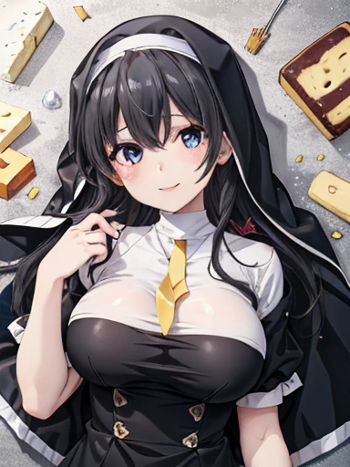  one girl ,  Yukishita Yuki's ,
( top quality ,  high definition , 4K,  detailed lighting ,  shader), 

Nuns,  clevis on a stone, 
cheese, 

smile, ,
 upper body, concentrated,
【From the above】, Above the eyes, black hair long hair, big breasts、