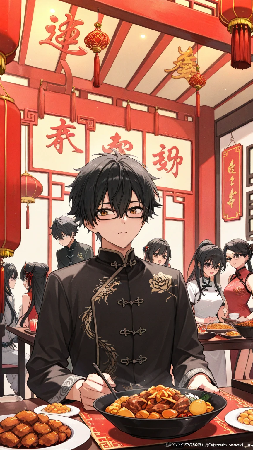 Black hair, glasses, Chinese restaurant, lots of food on the table