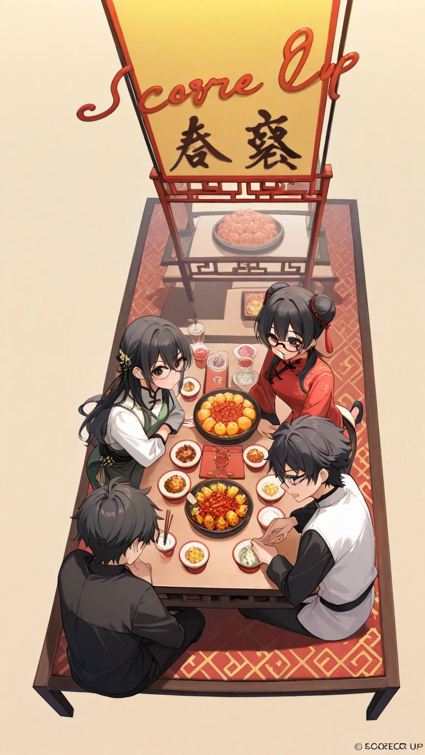 Black hair, glasses, Chinese restaurant, lots of food on the table