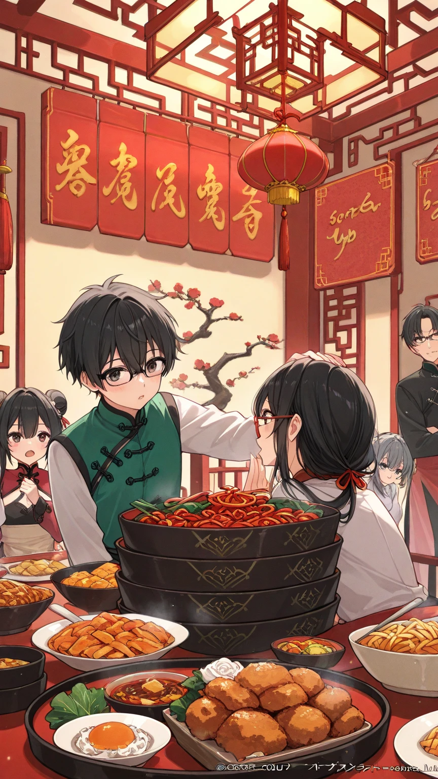 Black hair, glasses, Chinese restaurant, lots of food on the table