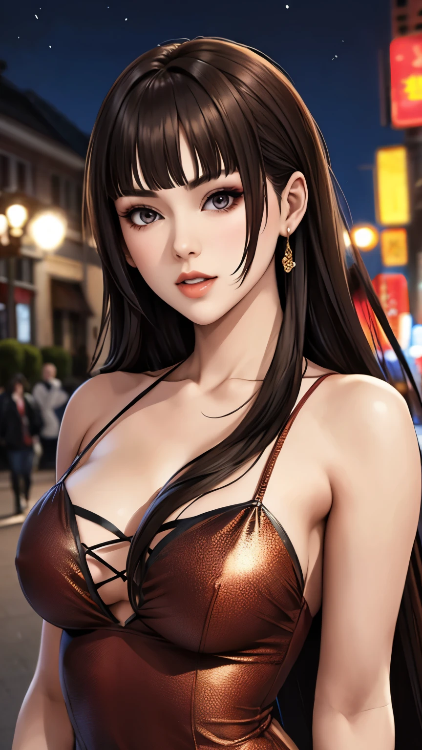 （In 8K,  top quality , Must-have items:1.2)、 super high resolution 、1 20 year old gravure model, super detailed face, detail eyes, brown eyes,Sparkly Makeup, focus on face ,,break, black hair, straight hair、,hime cut,break,( RAW photos ), outdoors on the street at night、Small face