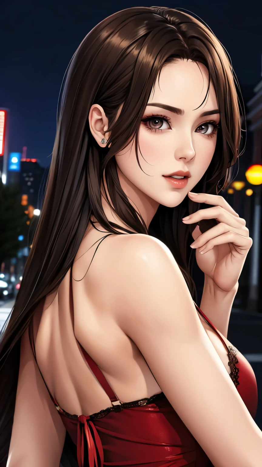 （In 8K,  top quality , Must-have items:1.2)、 super high resolution 、1 20 year old gravure model, super detailed face, detail eyes, brown eyes,Sparkly Makeup, focus on face ,,break, black hair, straight hair、,hime cut,break,( RAW photos ), outdoors on the street at night、Small face