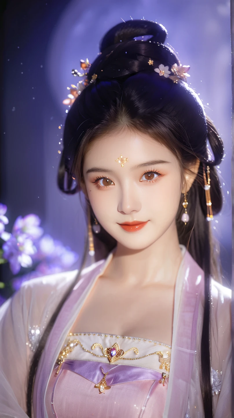  best quality, masterpiece,  high resolution, Martial Arts Girl , blush,(Charming smile:0.8),Star-shaped pupil,China Hanfu,Hair accessories,necklace, jewelry, pretty face ,Exceed_ body,  The Tyndell Effect ,Realistic,  DARK STUDIO , Edge lighting, Bicolor Light ,( Highly Detailed Skin :1.2), 8K Ultra HD, SLR camera, Soft Light,  high quality , Volumetric Lighting, frank, photo,  high resolution, 4K, 8K, Bokeh, has purple flowers blooming all around， purple clothes
