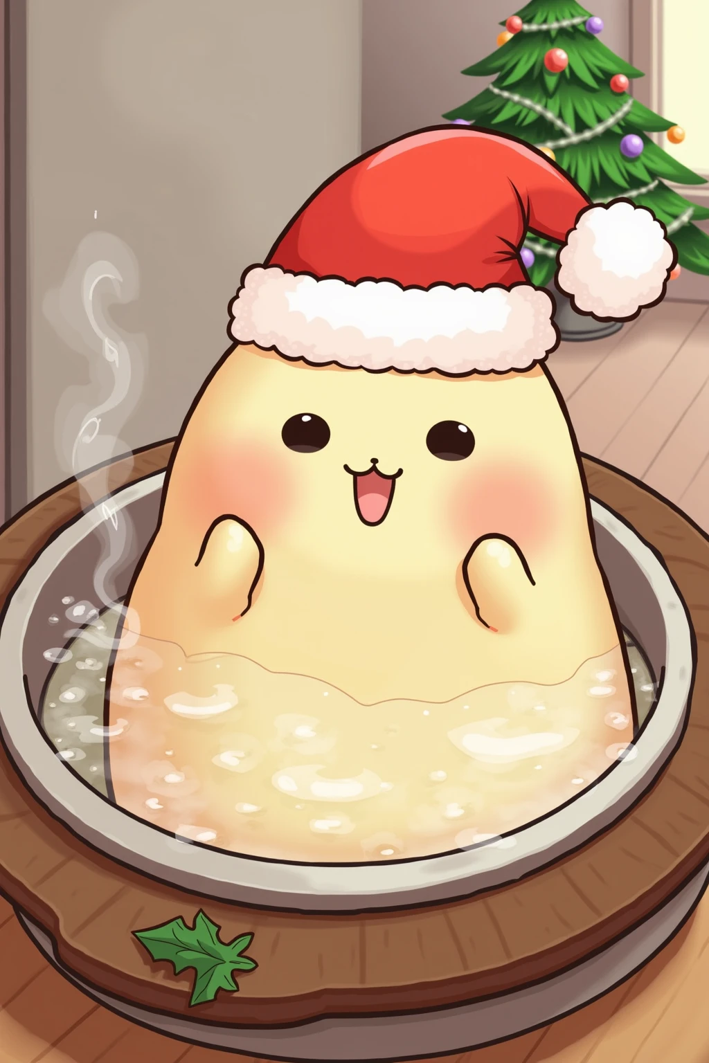 (masterpiece, top quality , very detailed depiction, incredible high resolution ,Photographic images),cute大根のキャラクター,Santa costume,Santa hat,Mochimochi daikon , I have a gift box,cute,I'm soaking in a hot pot bath ,Warm water, steam , christmas tree,Christmas decorations, Christmas leaf 