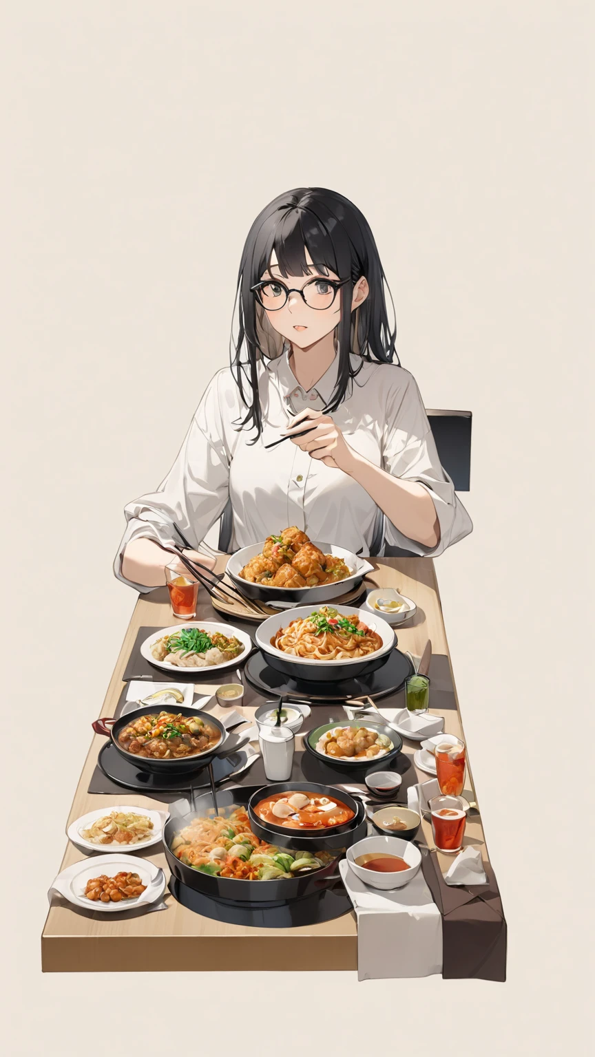 Black hair, glasses, Chinese restaurant, lots of food on the table