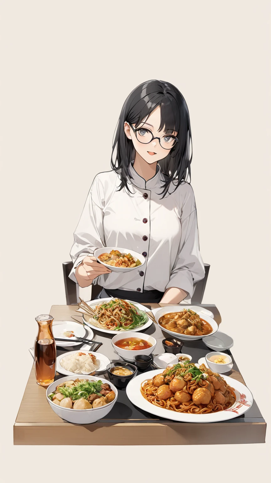 Black hair, glasses, Chinese restaurant, lots of food on the table