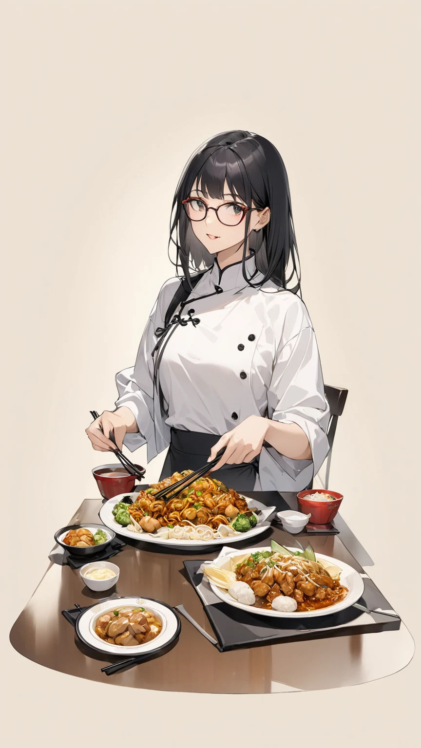 Black hair, glasses, Chinese restaurant, lots of food on the table