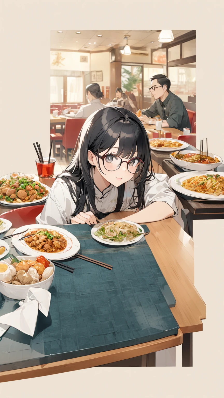 Black hair, glasses, Chinese restaurant, lots of food on the table